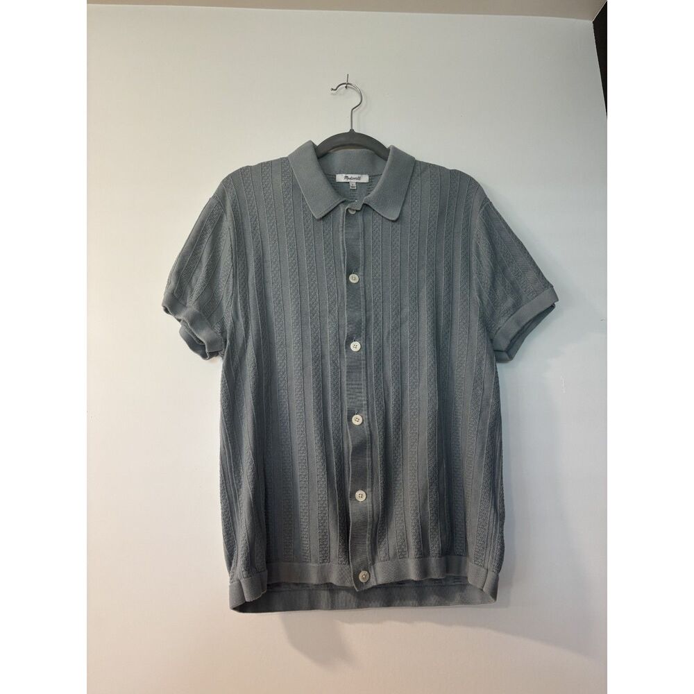 Madewell Mens Small Button-Up Sweater Polo in Textured Stripe Sage Green